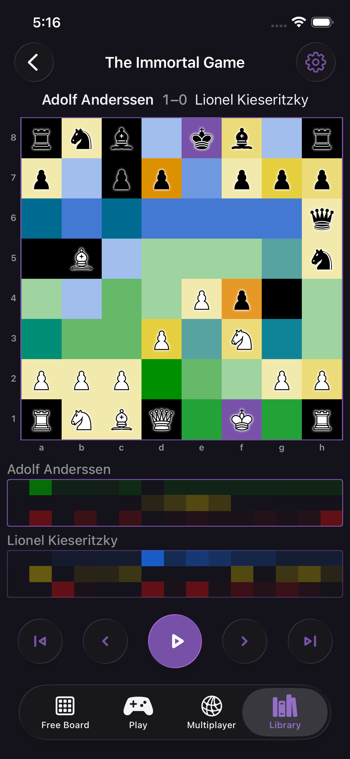 Board Control showing the final position of the Immortal Game, with Black’s territory in blue
